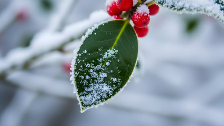 A close-up view of a snow-covered green leaf and red berries on a branch, set against a blurred winter background.の素材