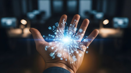 A hand holding a network of digital icons and symbols, representing the connection between technology and innovation, with a blurred office background.の素材