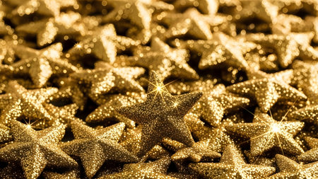 A collection of golden stars, densely packed and shining brightly, creating a festive and celebratory atmosphere. The stars are covered in glitter, adding to their sparkle and shine.の素材