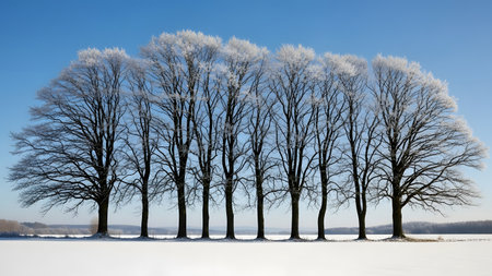 A serene winter scene featuring a row of trees with snow-covered branches against a clear blue sky, set in a snowy field.の素材