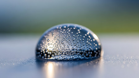 A close-up view of a single water droplet sitting on a surface, covered in tiny bubbles and reflecting light. The background is blurred, with shades of green and blue.の素材