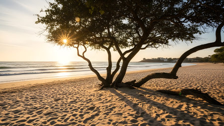 A tranquil beach scene featuring a tree with sprawling branches on the sand, with the sun setting over the calm ocean in the background, casting a warm glow and long shadows.の素材