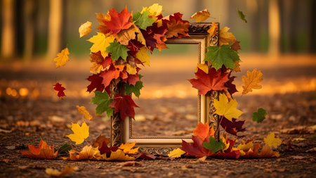 A beautiful golden picture frame surrounded by vibrant autumn leaves on a forest path, with scattered leaves on the ground and trees in the background.の素材