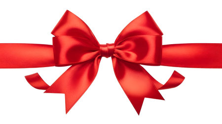 A stunning red satin bow with intricate details, perfectly centered on a clean white background, ideal for gift wrapping or decorative purposes.の素材