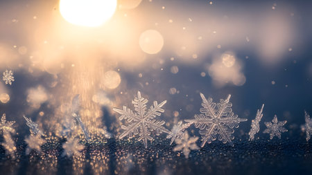 This image captures the serene beauty of snowflakes gently falling from the sky on a winter day. The snowflakes are delicately crafted and intricately detailed, with a soft, ethereal glow surrounding them. The background is a blurred mix of blue and white hues, evoking a sense of coldness and tranquility. The overall effect is one of peacefulness and wonder, inviting the viewer to step into the serene winter wonderland.の素材