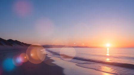 A serene sunrise over the ocean, with the sun's rays casting a warm glow on the water and the surrounding landscape, accompanied by lens flare effects in the foreground.の素材