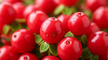 A close-up view of a cluster of bright red cranberries, some with visible water droplets on their surface, surrounded by green leaves.の素材