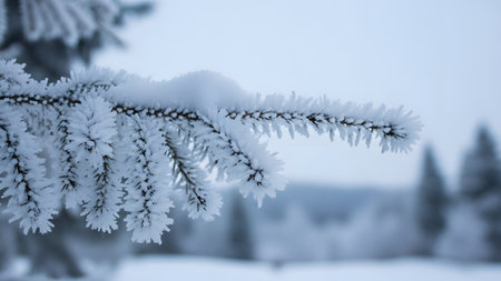 A close-up view of a snow-covered pine tree branch, with frosty needles and a blurred winter landscape in the background, capturing the serene beauty of a snowy day.の素材
