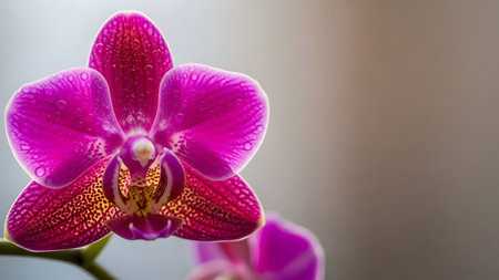 A stunning pink orchid flower with delicate water droplets on its petals, showcasing its intricate details and vibrant color against a soft, blurred background.の素材