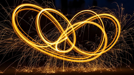 A captivating display of light and motion, this image showcases the Olympic rings formed by swirling sparks against a dark background, evoking a sense of energy and celebration.の素材