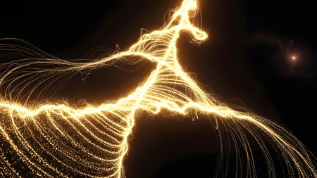A mesmerizing image of golden sparkling lines dancing in the dark space, creating a sense of movement and energy. The lines are curved and twisted, forming a dynamic pattern that seems to be in motion. The background is a deep black, which highlights the brightness and vibrancy of the golden lines.の素材
