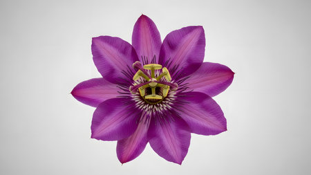 This image showcases a stunning purple flower with eight petals, each delicately shaped and arranged around a vibrant yellow center. The flower's intricate details and soft, gradient-like color transitions make it a visually captivating subject. The background is a subtle gradient of white and gray, allowing the flower to be the focal point.の素材
