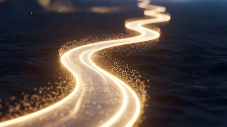 A serene and mystical image of a glowing pathway winding through dark waters, creating a sense of tranquility and wonder.の素材