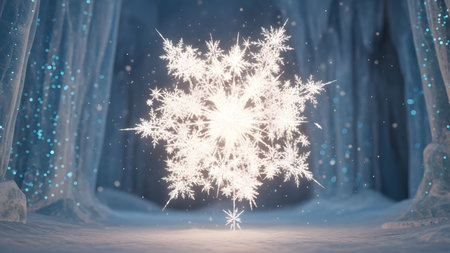 A large, glowing snowflake is centered in a serene winter forest, surrounded by tall, snow-covered trees and a soft, blue-hued background. The snowflake's intricate details and delicate patterns are highlighted, creating a sense of wonder and magic.の素材