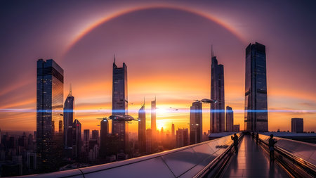 A futuristic cityscape featuring tall skyscrapers and flying vehicles against a vibrant orange and purple sunset sky, with a halo effect around the sun.の素材