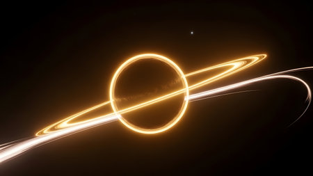A stunning visual representation of a planet surrounded by a vibrant ring system, glowing with an intense golden light against the dark backdrop of space.の素材