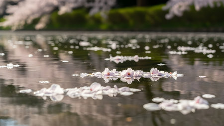 A serene scene of cherry blossoms floating on the calm surface of a lake, with reflections of the blossoms and surrounding greenery visible in the water.の素材