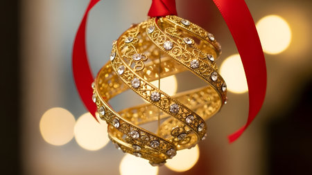 A pair of intricately designed golden bangles adorned with diamonds, hanging from a red ribbon against a blurred background of warm, glowing lights.の素材