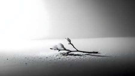 A black and white image of a small, bare branch protruding from the snow-covered ground, casting a shadow. The background is a gradient of white to dark gray, creating a serene and isolated atmosphere.の素材