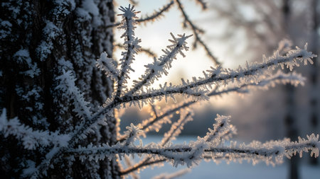 A close-up view of frost-covered tree branches, with delicate ice crystals glistening in the soft light of a winter sunrise, set against a serene and blurred background of a frozen landscape.の素材