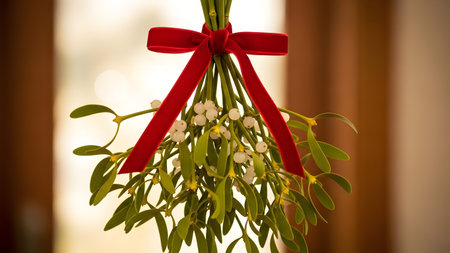 A bunch of mistletoe is tied with a red ribbon and hung in front of a window with soft, blurred light coming through. The mistletoe has green leaves and small white berries. The background is out of focus, with brown curtains or drapes visible on either side.の素材