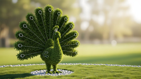 A stunning topiary peacock sculpture made of lush green foliage stands proudly in a well-manicured garden, surrounded by a neatly trimmed lawn and a decorative stone border. The vibrant colors and intricate details of the topiary create a striking visual display, evoking a sense of serenity and natural beauty.の素材