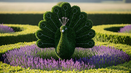 A stunning topiary peacock sculpture in a meticulously manicured garden, surrounded by vibrant purple lavender flowers and lush greenery.の素材