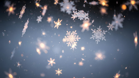 A visually captivating image featuring snowflakes gently falling against a dark, gradient background illuminated by golden lights, creating a serene and magical winter atmosphere.の素材