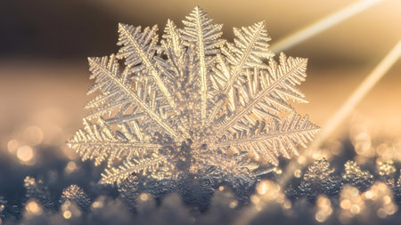 A beautiful, intricate snowflake glistens in the golden light, showcasing its delicate, crystalline structure. The snowflake is set against a softly blurred background, with golden hues and bokeh effects that add to its ethereal beauty.の素材