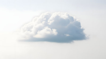 A large, white, fluffy cloud is prominently displayed against a soft, light blue sky. The cloud has a dense, rounded shape with a flat base and is casting a subtle shadow underneath, giving it a three-dimensional appearance. The overall scene is serene and peaceful, capturing a moment of stillness in the atmosphere.の素材