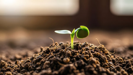A small green seedling is growing in the soil, with its roots digging deep into the earth. The seedling has two leaves and is surrounded by dark brown soil. The background is blurred, with a bright light shining through.の素材