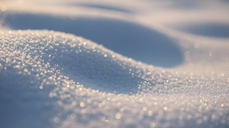 A close-up view of a snow-covered surface, with the sun shining down and casting a warm glow on the snowflakes. The snow is densely packed and has a smooth, wavy texture. The sunlight catches the snowflakes, making them sparkle and shine.の素材