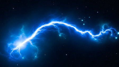 A bright blue lightning bolt illuminates the dark space, surrounded by stars and faint glowing orbs, creating a dramatic and electrifying scene.の素材