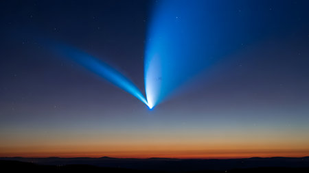 A comet is visible in the sky at dusk, with a bright blue tail streaming behind it. The sky transitions from deep blue at the top to orange near the horizon, with stars scattered throughout. The silhouette of a landscape is visible at the bottom.の素材