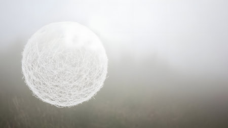 A white wireframe sphere is prominently displayed against a foggy background, creating a sense of mystery and intrigue. The sphere's intricate network of wires gives it a complex and detailed appearance, while the fog surrounding it adds to the enigmatic atmosphere.の素材