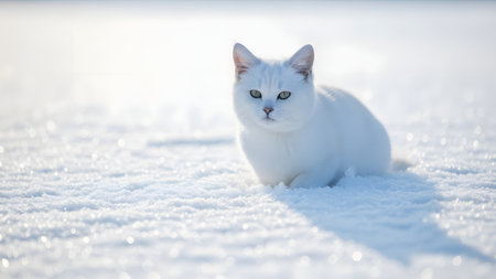 A white cat with green eyes is sitting on a snowy ground, looking directly at the camera. The snow is illuminated by sunlight, creating a bright and serene atmosphere.の素材