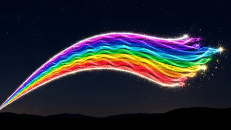A stunning rainbow-colored streak arcs across a starry night sky, with silhouetted mountains below, creating a breathtaking and magical atmosphere.の素材