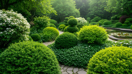 A tranquil garden scene featuring a variety of lush green shrubs, trees, and a small pond surrounded by a stone pathway, creating a peaceful and natural ambiance.の素材