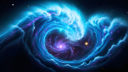 A stunning visual representation of a galaxy, characterized by swirling clouds of blue and purple gas, set against the dark backdrop of space filled with stars. The galaxy's center shines brightly, surrounded by a vibrant nebula.の素材