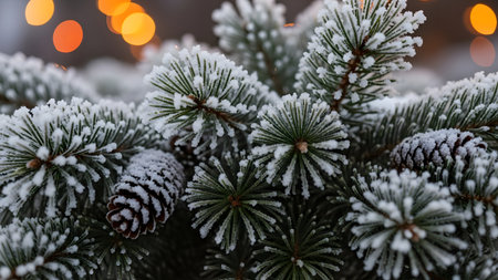 A close-up view of snow-covered pine branches with a pine cone, set against a blurred background of warm, glowing lights, evoking a serene winter atmosphere.の素材