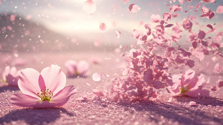 A serene and dreamy scene featuring a solitary cherry blossom on the ground, surrounded by a whirlwind of falling petals, set against a soft, blurred background of a serene landscape.の素材