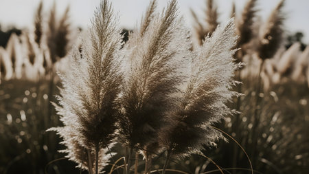 A close-up view of pampas grass, with feathery plumes swaying gently in the wind, set against a blurred background of more grass and a clear sky.の素材