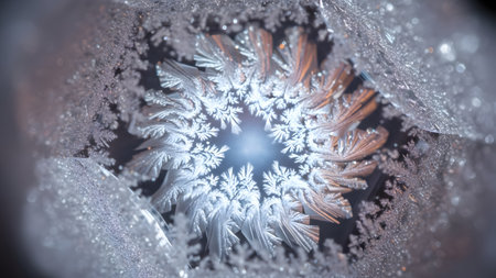 A close-up view of a frost crystal, showcasing its intricate details and delicate structure, set against a textured, icy background.の素材