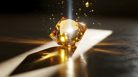 A luxurious golden diamond is prominently displayed on a dark surface, reflecting light and surrounded by golden particles, creating a sense of opulence and sophistication.の素材
