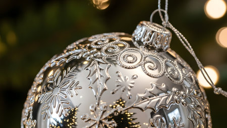A close-up view of a silver Christmas ornament adorned with intricate snowflake designs and patterns, hanging from a Christmas tree branch, with blurred lights in the background.の素材