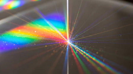 A dynamic and colorful image showcasing a light explosion with vibrant rainbow hues radiating from a central point, creating a mesmerizing visual effect against a dark background.の素材