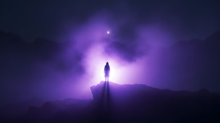 A silhouette of a person standing on a cliff, surrounded by a purple misty atmosphere with a bright light emanating from behind, under a night sky with a visible moon.の素材