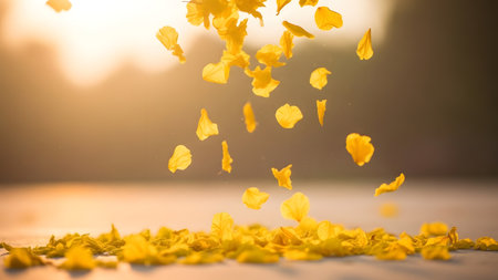 A serene and peaceful scene of yellow flower petals gently falling onto the surface of a body of water, set against a warm and blurred background of a sunset.の素材