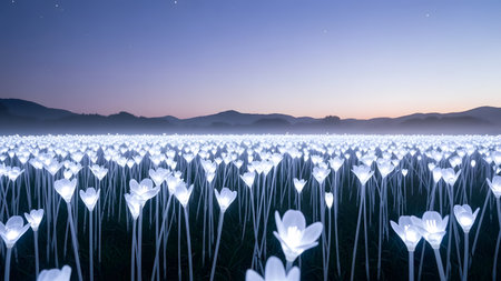 A serene landscape featuring a vast field of white flowers with glowing centers, set against a backdrop of mountains and a starry sky at dusk.の素材