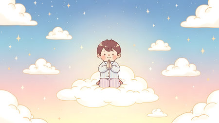 A cartoon illustration of a young boy with brown hair, wearing a white shirt and pink pants, sitting on a cloud with his hands together in a prayer-like gesture. The background features a serene sky with a gradient of blue, pink, and yellow hues, accompanied by fluffy white clouds and scattered stars.の素材